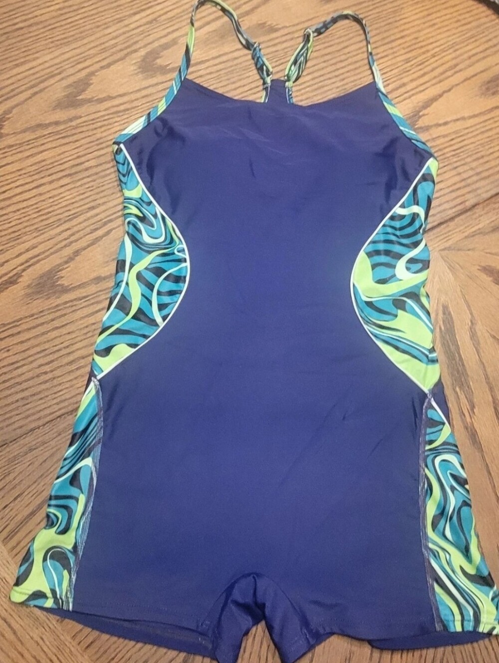 Women’s Navy Blue One-Piece Swim Suit with Teal Print Panels (1034)
